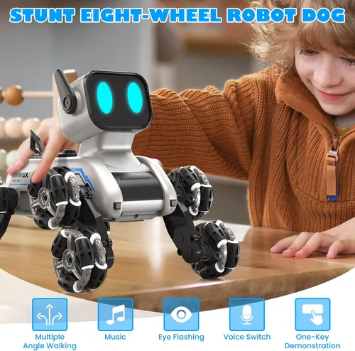 Vista 2 de SIMREX Robot Perro RC Coche de Acrobacias Juguetes - Coche de control remoto con detección de gestos con ruedas Mecanum, ojos LED, 3 efectos