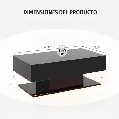 Vista 3 de Tangkula Mesa de centro LED con 2 cajones, mesa central moderna de alto brillo, luces LED regulables de 20 colores y control remoto, mesa auxiliar