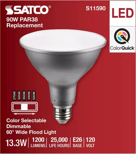 Vista 4 de Satco S11590; LED PAR38 de 13.3 vatios; base media; acabado plateado; CCT seleccionable; 120 voltios; ángulo de haz de 60 grados