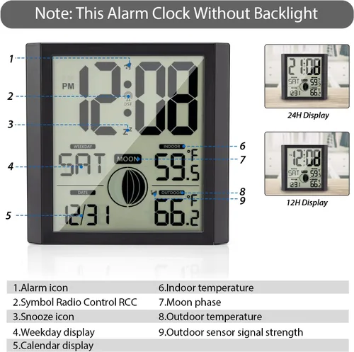 Vista 3 de Reloj de pared atómico con pantalla de números grandes para interiores y exteriores Wall Clock Battery Operated, Alarm