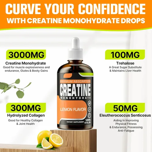 Vista 4 de Monohidrato de creatina, creatina líquida para masa muscular, fuerza, glúteos, glúteos y resistencia, creatina para mujeres y hombres con colágeno
