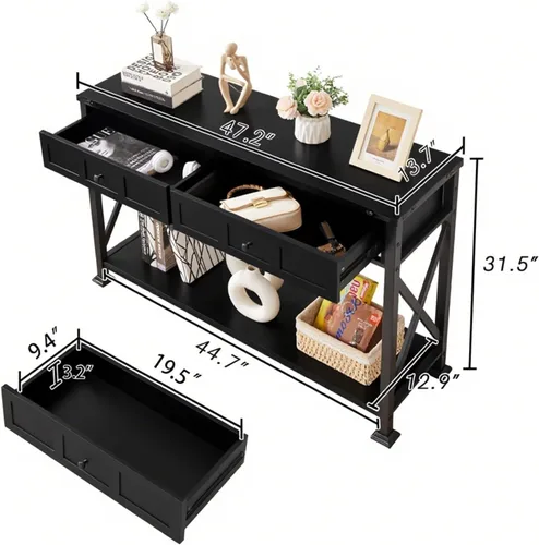 Vista 2 de HOMBAZAAR - Mesa de entrada rústica con 2 cajones, mesa de consola industrial con almacenamiento para entrada, pasillo, sala de estar, color negro