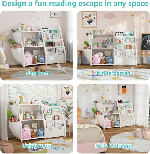 Vista 6 de Estantería para niños y almacenamiento de juguetes, organizador de juguetes con estante para libros de 3 niveles, estantería pequeña con eslinga