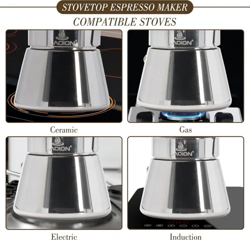 Vista 4 de LAOION Cafetera de café expreso, 3 tazas de 5.4 fl oz, cafetera de cristal y acero inoxidable, cafetera moca, cafetera Greca de Café, cafetera