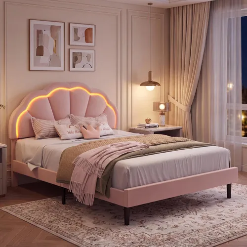 Vista 13 de Base de cama LED tapizada individual para niñas con cabecero de pétalos ajustable, color beige