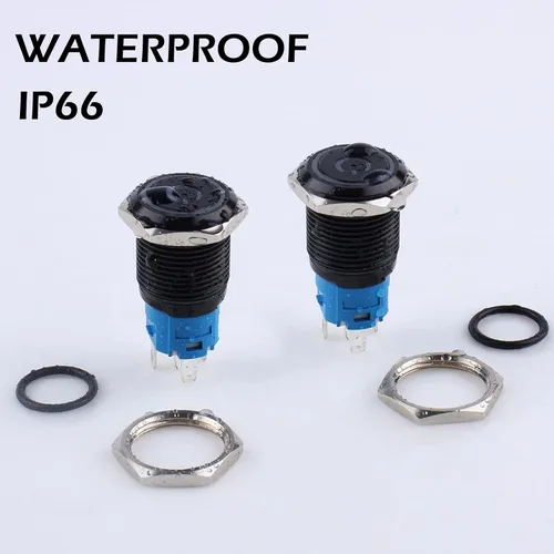 Vista 5 de 2 piezas interruptor de botón pulsador con pestillo de 16mm, 12V-24V, encendido/apagado, 1NO 1NC, impermeable IP66, carcasa de metal negro