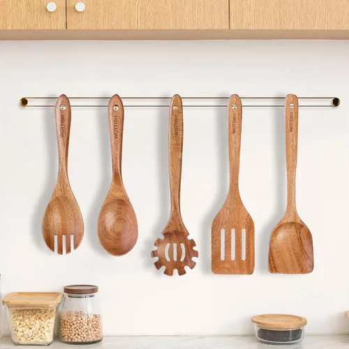 Vista 8 de Cucharas de madera para cocinar, juego de utensilios de cocina de madera de 5 piezas hechos de material de madera maciza natural, incluye cucharas