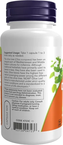 Vista 3 de NOW Foods Suplementos, Extracto de hoja de olivo 500 mg, eliminador de radicales libres*, 60 cápsulas vegetales