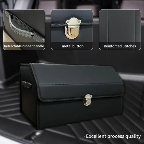 Vista 3 de Organizador de maletero Wuatow para coche, organizador de maletero para SUV y sedán, con tapa, multifuncional, caja de almacenamiento de carga Negro