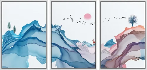 Vista 9 de NWT Lienzo enmarcado para pared, juego de arte en acuarela pastel, bosque de montaña oscura, naturaleza silvestre, ilustraciones de arte moderno
