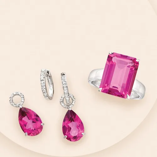 Vista 5 de Ross-Simons Pendientes de aro de topacio rosa de 6,50 quilates con detalles de diamante en plata de ley, 1.0in