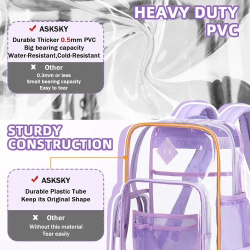 Vista 4 de ASKSKY Mochila transparente de PVC resistente Mochila transparente, Púrpura
