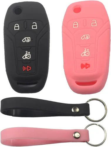 Vista 9 de 2 fundas protectoras de silicona de goma negra con 5 botones para llave de control remoto inteligente sin llave con llavero compatible con Ford 2