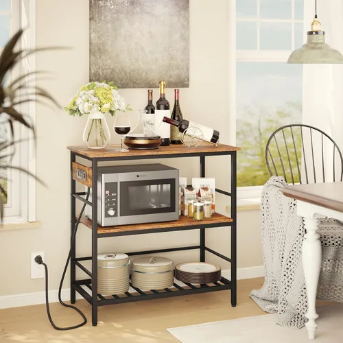 Vista 6 de IBUYKE Isla de cocina con almacenamiento, estante para panaderos con toma de corriente, soporte para microondas con encimera grande, carrito