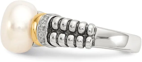Vista 3 de Anillo de plata de ley 925 maciza con diamantes de oro amarillo de 14 k y perlas cultivadas de agua dulce (.03 cttw.)