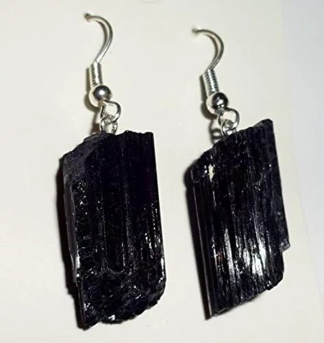 Vista 9 de 1 par de pendientes de piedras preciosas curativas de cristal natural de turmalina negra cruda, Metal