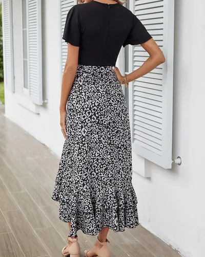 Vista 5 de BTFBM Vestidos largos de verano para mujer, manga corta, cuello en V, estampado floral, bohemio, cintura alta, con volantes, vestido largo de cóctel