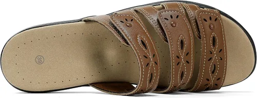 Vista 5 de Sandalias clásicas de cuero para mujer, sandalias casuales con soporte de arco, correas ajustables de gancho y bucle, zapatos para exteriores 2024