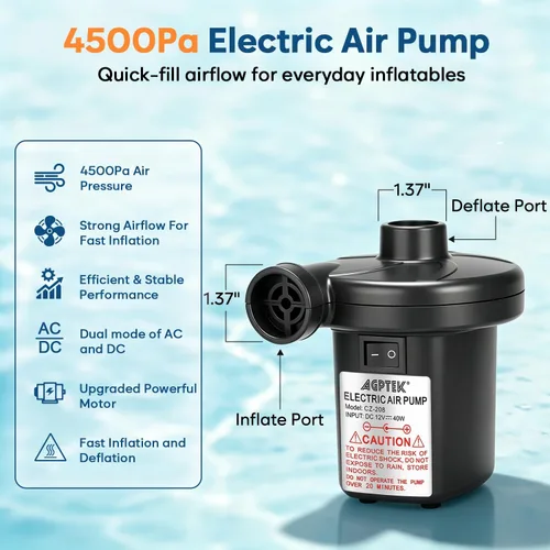 Vista 2 de Bomba de aire eléctrica AGPTEK, bomba de aire portátil con 3 boquillas, llenado rápido de 4.5kPa, bombas infladoras/desinfladoras de 110V CA/12V CC