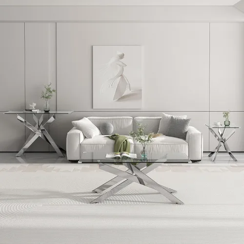 Vista 8 de Mesa de centro de cristal de 47 pulgadas, moderna tapa rectangular de vidrio templado con patas de metal con cruz dorada, mesa central de espacio