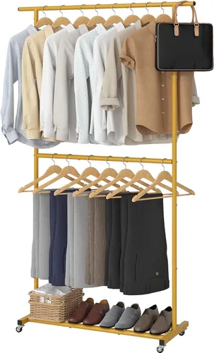Vista 13 de Sywhitta Perchero de Ropa de Doble Barra Rodante, Organizador de Ropa con Ruedas para Colgar Ropa, Fácil de Ensamblar, Ajustable, Negro