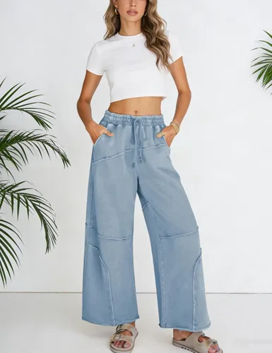 Vista 7 de Athlisan Pantalones deportivos casuales de pierna ancha para mujer, cintura alta, lavado ácido, pantalones palazzo con bolsillos