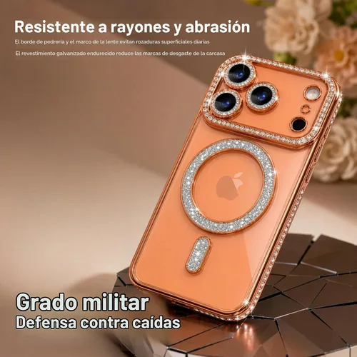 Vista 7 de Funda magnética con purpurina y diamante para iPhone 11 [Compatible con MagSafe] Protector de lente de cámara con brillo de strass, placa de cristal
