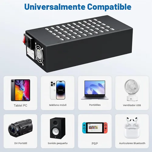 Vista 5 de Estación de carga USB de 50 puertos de 200 vatios (40 A), cargador rápido USB con protección inteligente, múltiples cargadores de escritorio USB