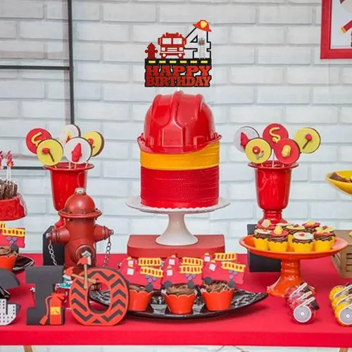 Vista 5 de Decoración para pastel de fuego de 4º cumpleaños – Sombrero de hidrante de escalera de camión temática para fiesta de cumpleaños SugarGera