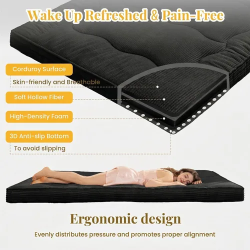 Vista 4 de cidludto Colchón de futón japonés de tamaño individual, sofá cama de 4 pulgadas, colchón de suelo para adultos, tapete de tatami más grueso, Negro