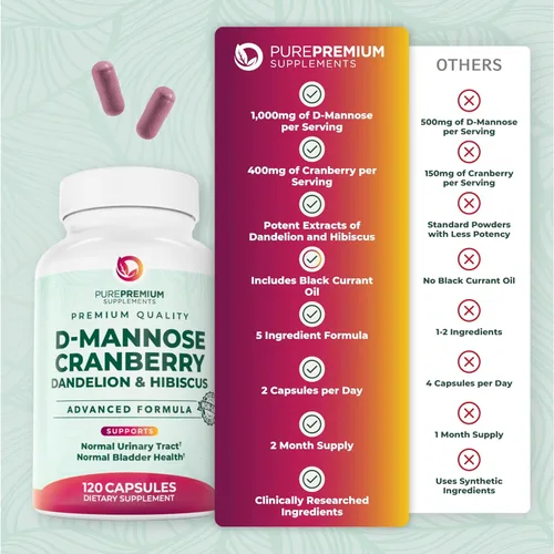 Vista 7 de PurePremium D-manosa con arándano, hibisco y diente de león, suplementos de D-manosa de 1000 mg para mujeres, apoya la salud del tracto urinario
