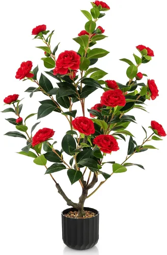Vista 13 de Árbol de camelia artificial de 36 pulgadas con flores falsas Naranja