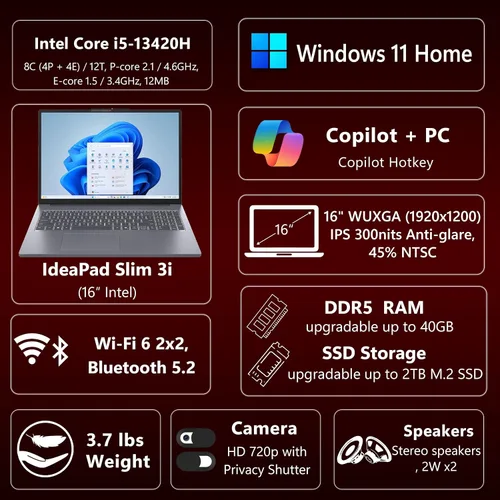 Vista 2 de Lenovo Portátil empresarial de 16", 16 GB de RAM, SSD de 512 GB