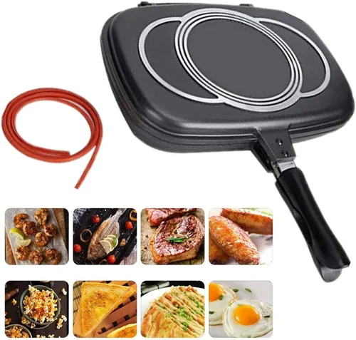 Vista 3 de Sartén para barbacoa de doble cara, sartén portátil con tapa antiadherente, herramienta de cocina, utensilios de cocina, cocina con mango
