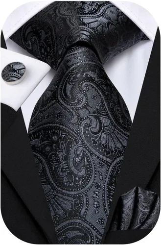 Vista 32 de Hi-Tie Conjunto de corbatas de seda con estampado paisley para hombre, pañuelo de bolsillo y gemelos, conjuntos de corbata formal para negocios a
