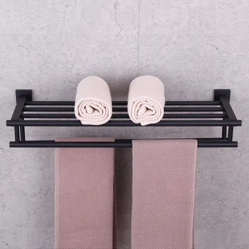Vista 4 de GERZWY Estante de toalla con doble toallero organizador para baño, 24 pulgadas, acero inoxidable SUS 304, montaje en pared, moderno color negro mate