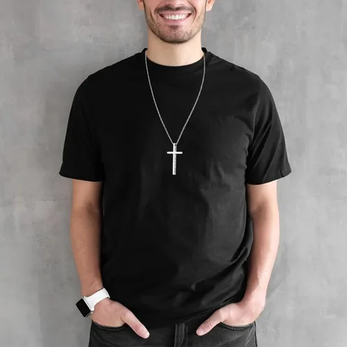Vista 2 de Collar de cruz para hombre de acero inoxidable 316L con colgante de crucifijo grande con cruz cristiana, joyería de regalo de Navidad para padre e
