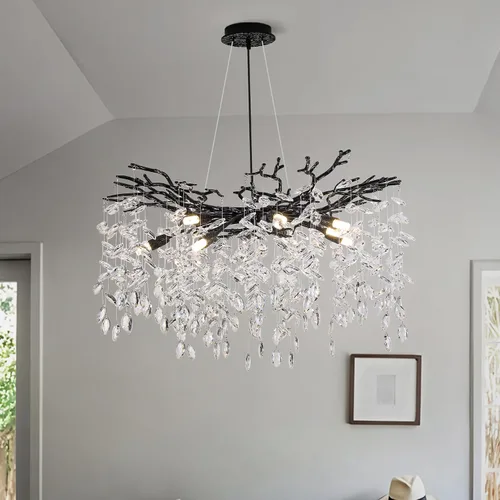 Vista 15 de Candelabro de Cristal Rama de Árbol Dorado Gota de Lluvia Redonda Lámpara Colgante con Borla Luminaria de Techo Colgante para Dormitorio Sala