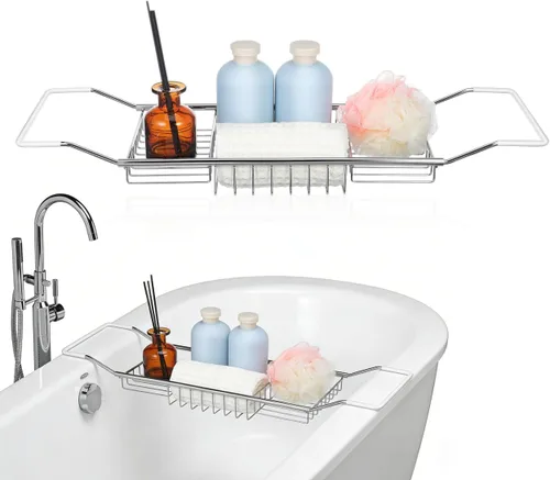 Vista 10 de Cabilock Bandeja de baño de acero inoxidable de lujo – Estante de baño moderno expandible de 24.8 pulgadas para bañera con copa de vino y soporte