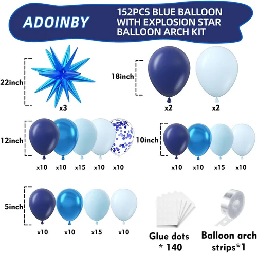 Vista 2 de Kit de Arco de Globos Azul ADOINBY, kit de 152 piezas de globos cromados macarrón azul marino y estrellas, kit de globos de diferentes tamaños