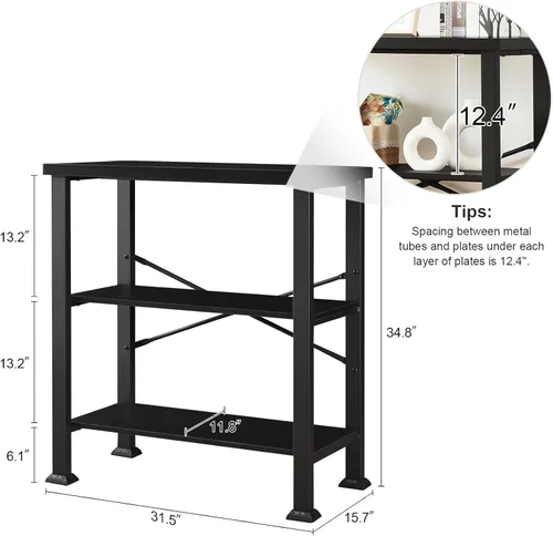 Vista 2 de HOMBAZAAR - Estantería de 3 niveles, estantería industrial negra, estanterías profundas de madera y metal de ingeniería, estantería baja para sala