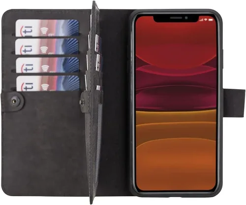 Vista 2 de HARDISTON Funda de piel auténtica de alta calidad hecha a mano para iPhone 7/8 / SE doble folio tarjetero - Funda magnética desmontable - Soporte
