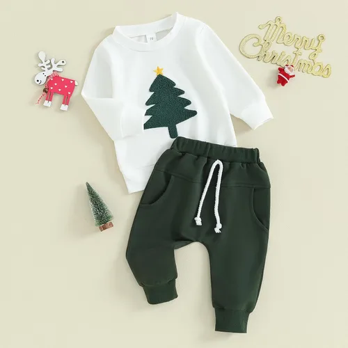Vista 6 de Muasaaluxi Traje de Navidad para bebé recién nacido, con estampado de árbol de Navidadletras, pantalones deportivos, 2 piezas, trajes de otoño 0-3T