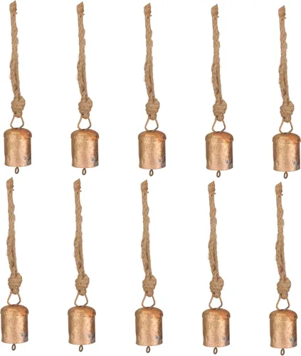 Vista 12 de Juego de 10 cascabeles y campanas de vaca doradas rústicas para manualidades, juego de cencerros pequeños vintage de 3.15 pulgadas con cuerda de Oro