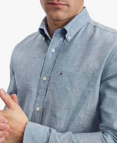 Vista 3 de Tommy Hilfiger Camisa de mezcla de lino de manga larga para hombre, ajuste regular