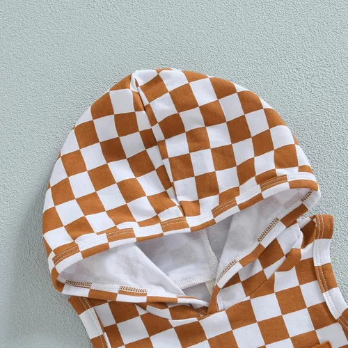 Vista 10 de Conjunto de ropa de verano para bebé niño y niño, diseño a cuadros, manga corta, sudadera con capucha y pantalones cortos casuales