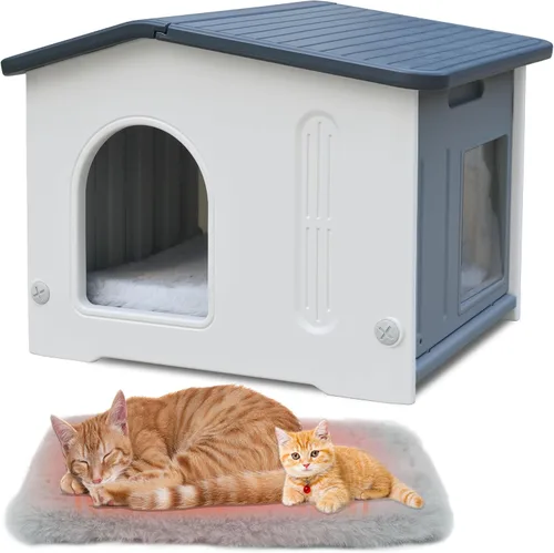 Vista 9 de Casa para gatos al aire libre, resistente a la intemperie, casas de plástico para gatos con puerta de escape, 2 pisos para interiores, impermeable