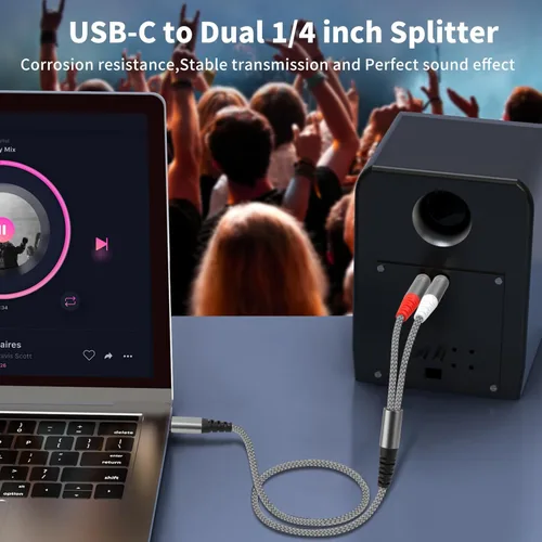Vista 4 de Cable de audio USB C a 1/4 de pulgada, cable mono USB C a TS dual, cable de audio TS de 0.250 in a doble TS para smartphone, tableta, laptop enlace