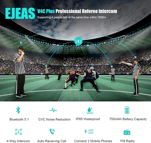 Vista 3 de EJEAS V4C Plus - Intercomunicador de árbitro profesional, sistema de comunicación de árbitro Bluetooth 5.1 con función de radio FM para deportes