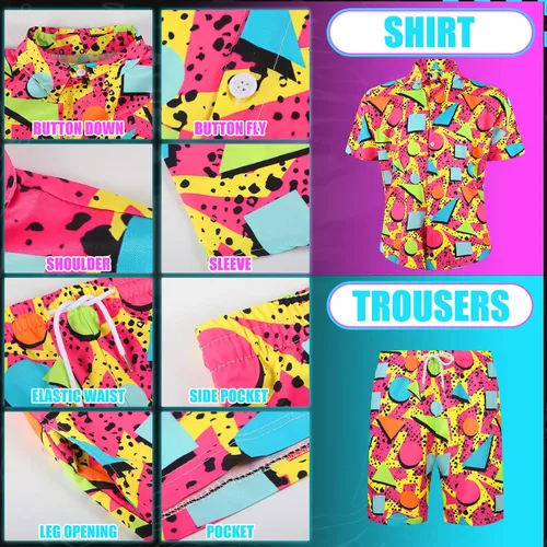 Vista 3 de Conjunto de 2 piezas de camisa y pantalones cortos retro de los años 80 y 90 con sombrero, trajes de playa hawaianos para hombres, fiesta